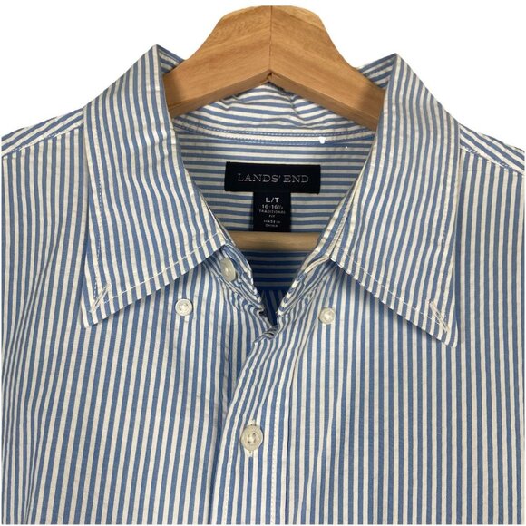 Lands’ End Seersucker Shirt Men’s L Blue White Striped Button Up Nautical Beach - Picture 4 of 10